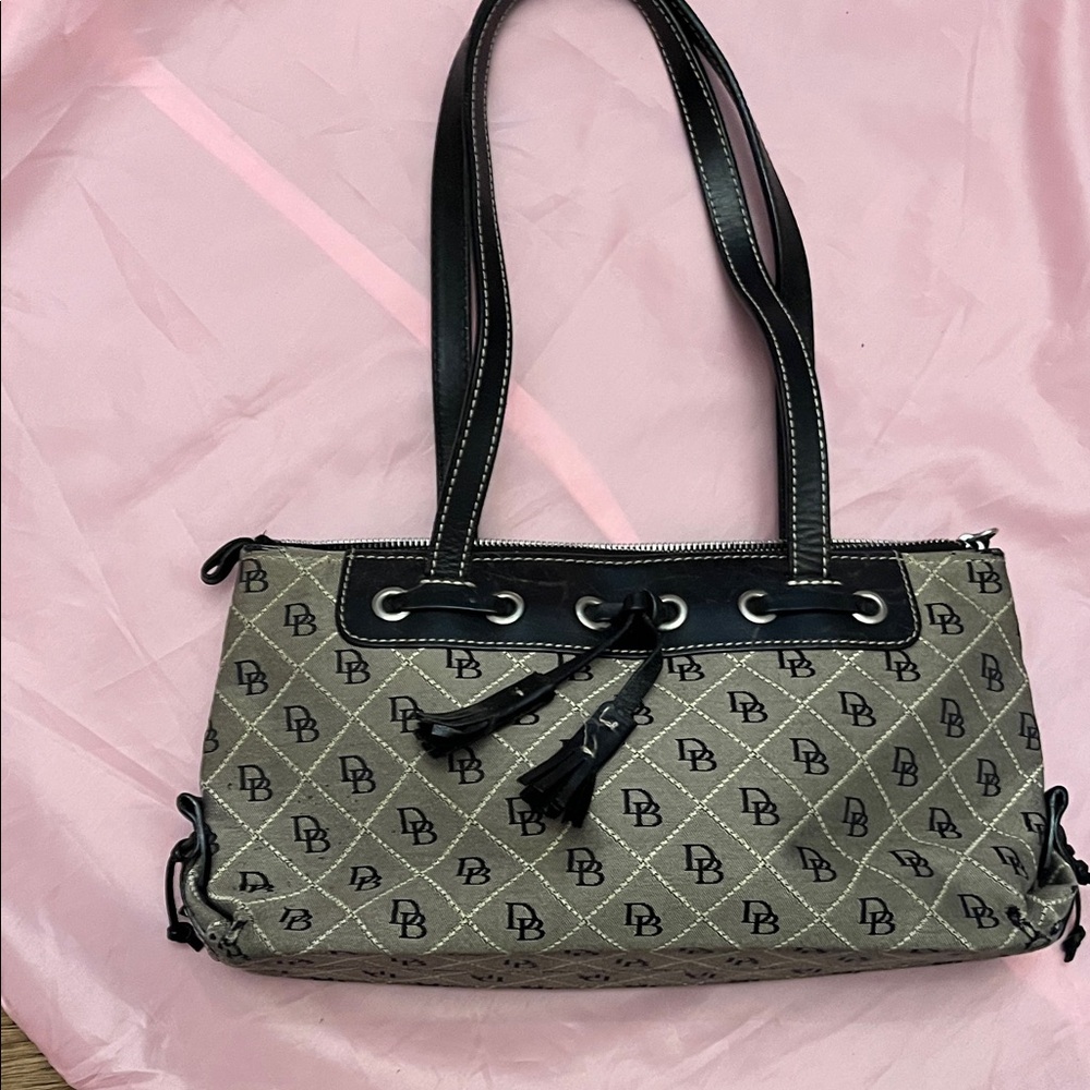 Vintage Dooney & Bourke black and gray  Logo Canvas Shoulder Bag with Black Trim